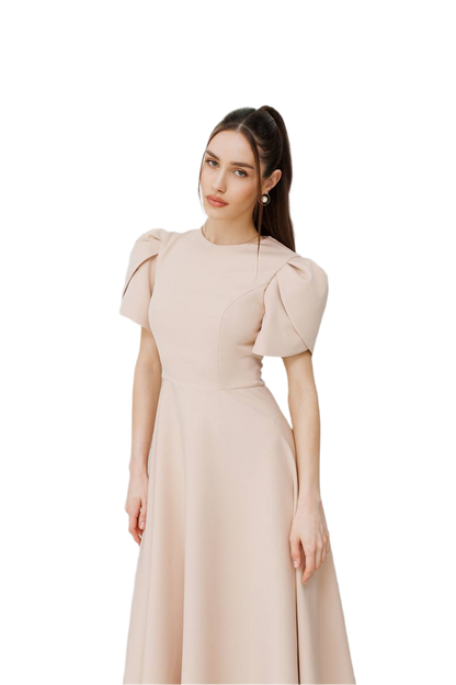 Elegant Diagonal Crepe Dress for Women with Puff Sleeves