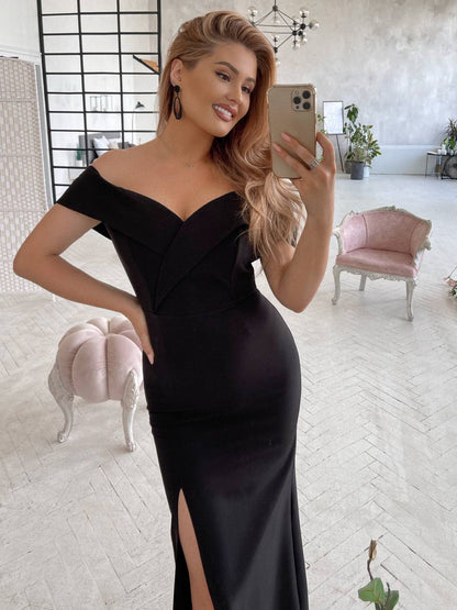 Elegant Off Shoulder Long Dress with Front Slit in Suiting Diagonal Crepe
