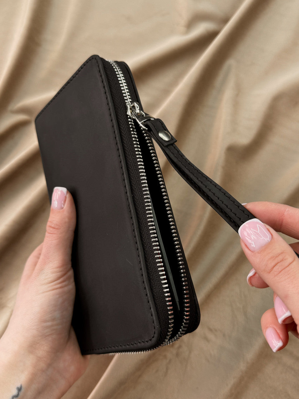 Handmade Black Crazy Horse Leather Clutch Wallet Zip Wristlet Gift for Him