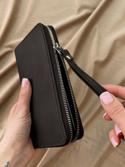 Handmade Black Crazy Horse Leather Clutch Wallet Zip Wristlet Gift for Him