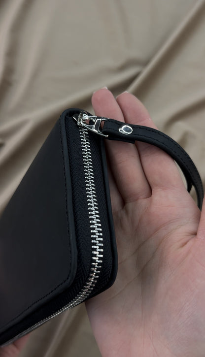 Handmade Black Crazy Horse Leather Clutch Wallet Zip Wristlet Gift for Him