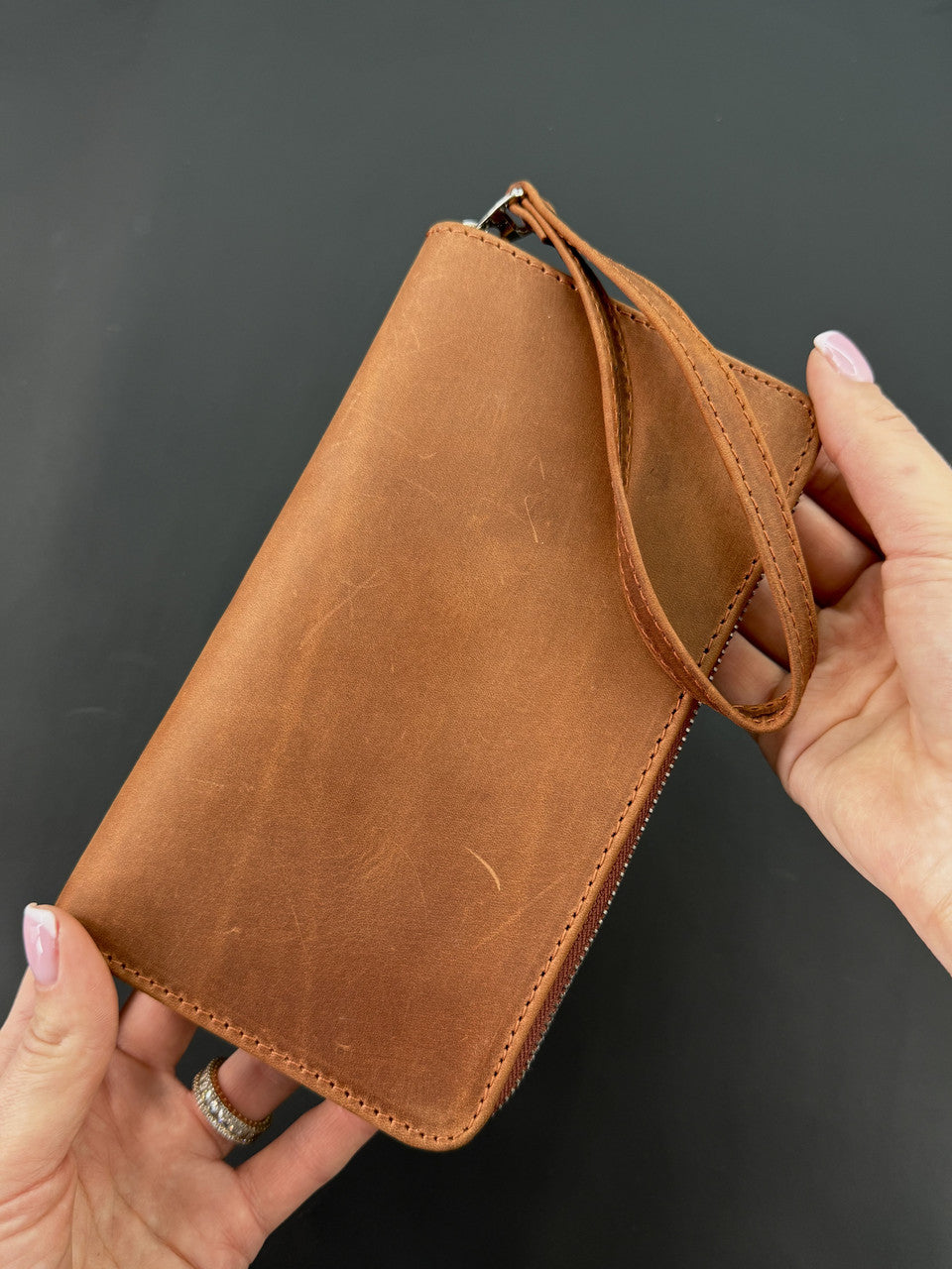 Handmade Genuine Crazy Horse Leather Clutch Wallet Light Brown Wristlet