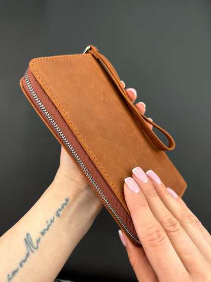 Handmade Genuine Crazy Horse Leather Clutch Wallet Light Brown Wristlet Gift for Him