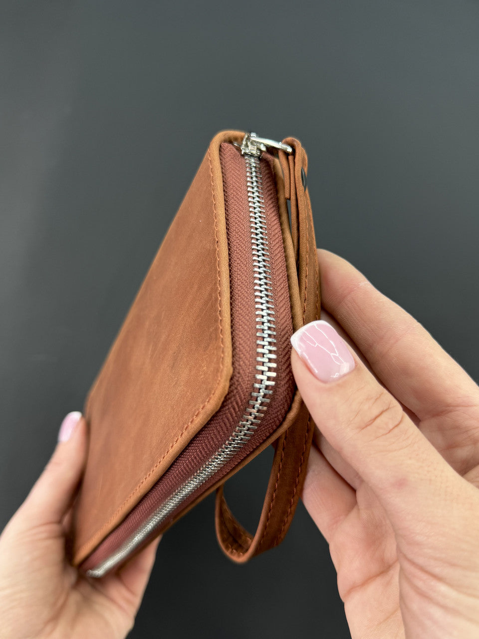 Handmade Genuine Crazy Horse Leather Clutch Wallet Light Brown Wristlet Gift for Him