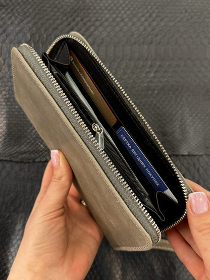 Handmade Gray Crazy Horse Leather Clutch Wallet Wristlet Zip Around Card Holder Gift for Him