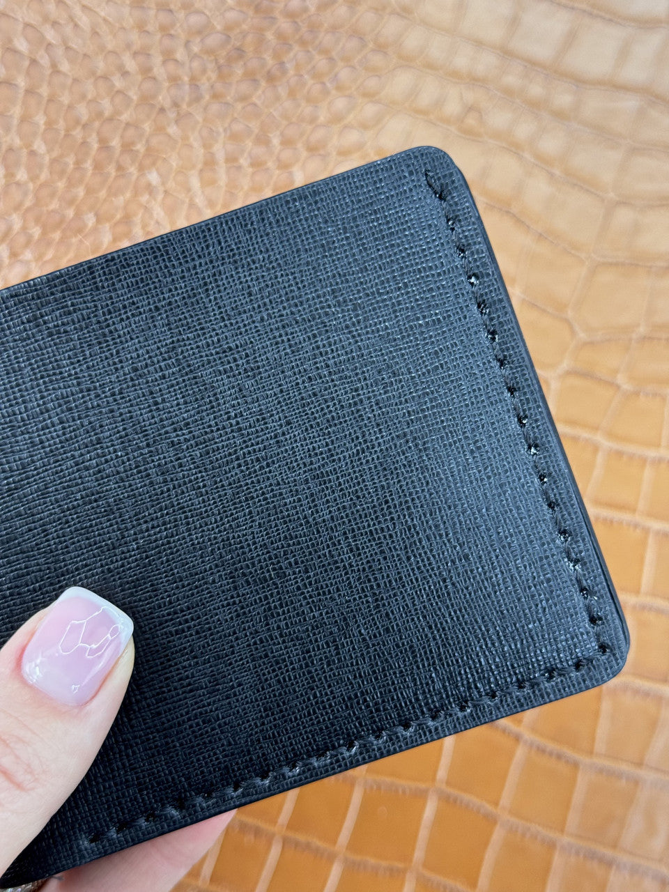 Handmade Mens Bifold Wallet Black Saffiano Leather