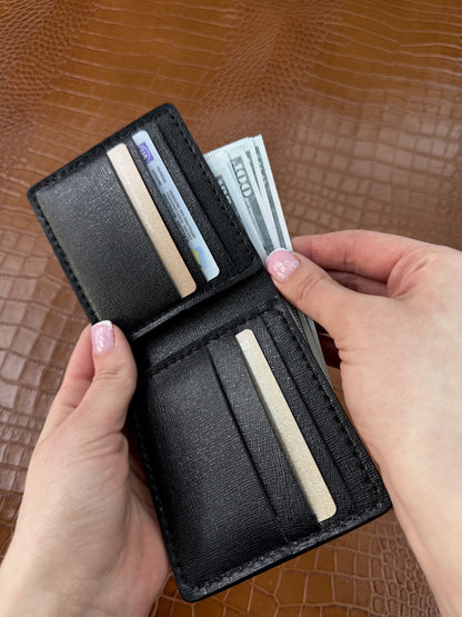 Handmade Mens Bifold Wallet Black Saffiano Leather Gift for Him