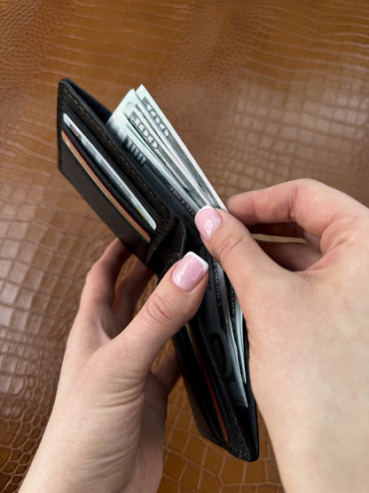 Handmade Mens Bifold Wallet Black Saffiano Leather Gift for Him