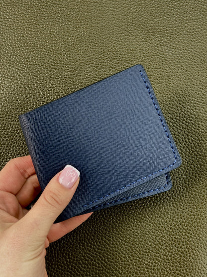 Handmade Mens Bifold Wallet Genuine Saffiano Leather Blue