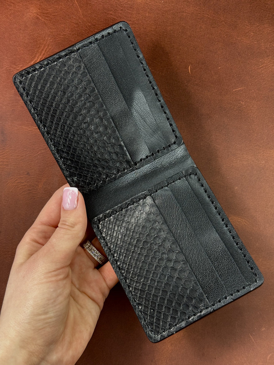 Handmade Mens Bifold Wallet Genuine Python Leather Black Gift for Him