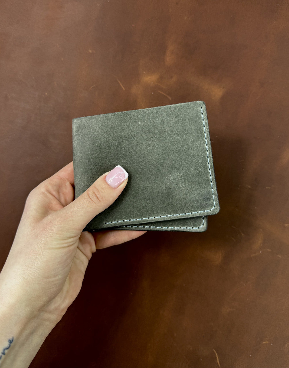Handmade Mens Bifold Wallet Genuine Crazy Horse Leather Gray