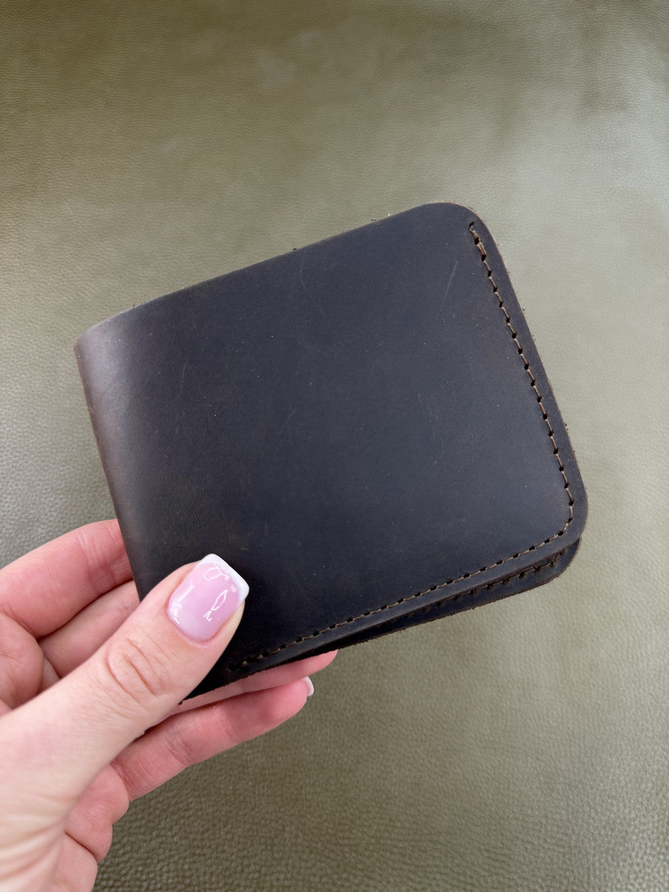 Handmade Mens Bifold Wallet Genuine Crazy Horse Leather Dark Brown