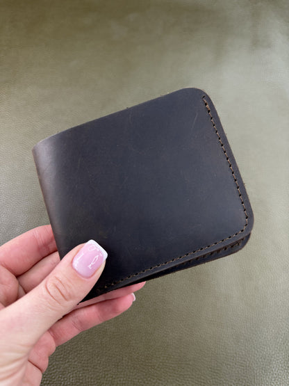 Handmade Mens Bifold Wallet Genuine Crazy Horse Leather Dark Brown