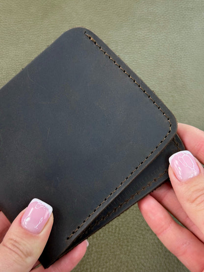 Handmade Mens Bifold Wallet Genuine Crazy Horse Leather Dark Brown Gift for Him