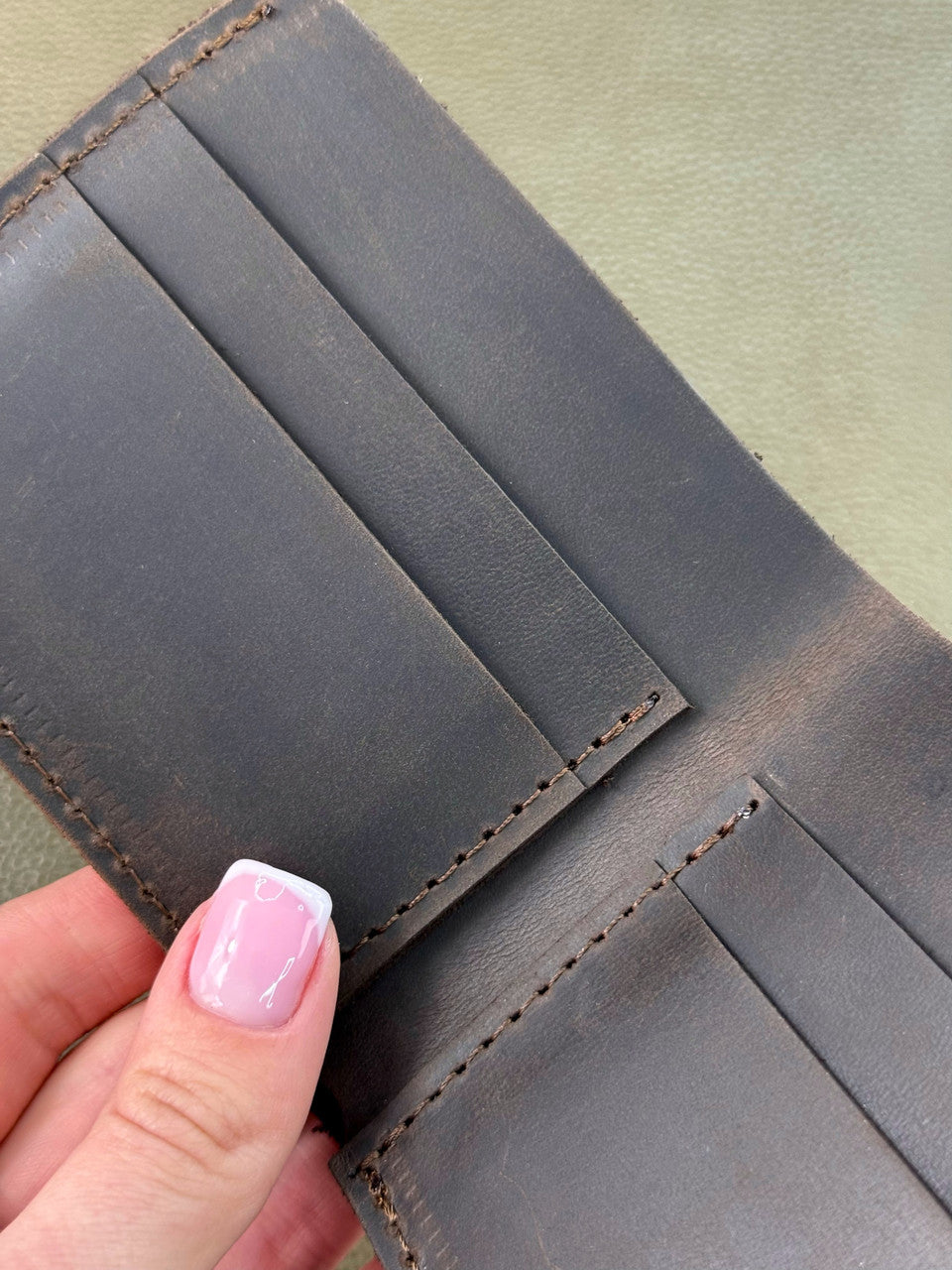 Handmade Mens Bifold Wallet Genuine Crazy Horse Leather Dark Brown Gift for Him