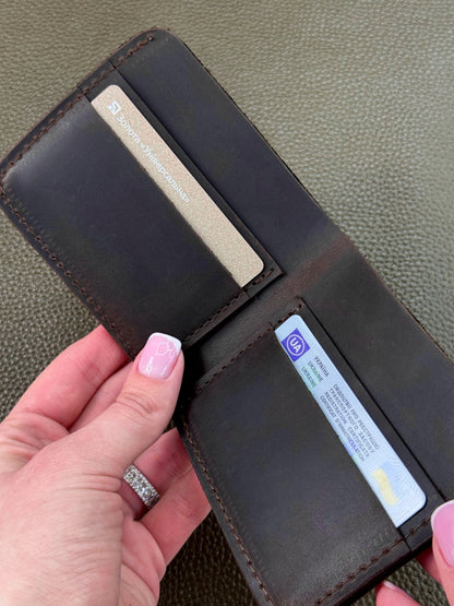 Handmade Mens Bifold Wallet Genuine Crazy Horse Leather Dark Brown Gift for Him