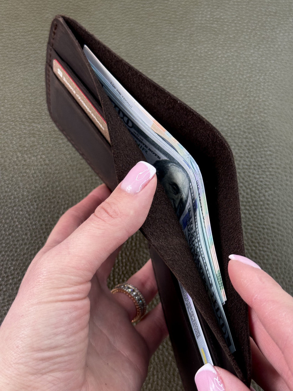 Handmade Mens Bifold Wallet Genuine Crazy Horse Leather Dark Brown Gift for Him
