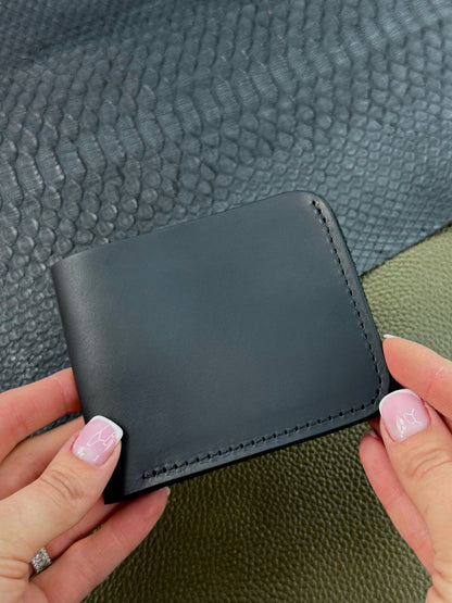 Handmade Genuine Crazy Horse Leather Mens Bifold Wallet Black 4 Card Slots