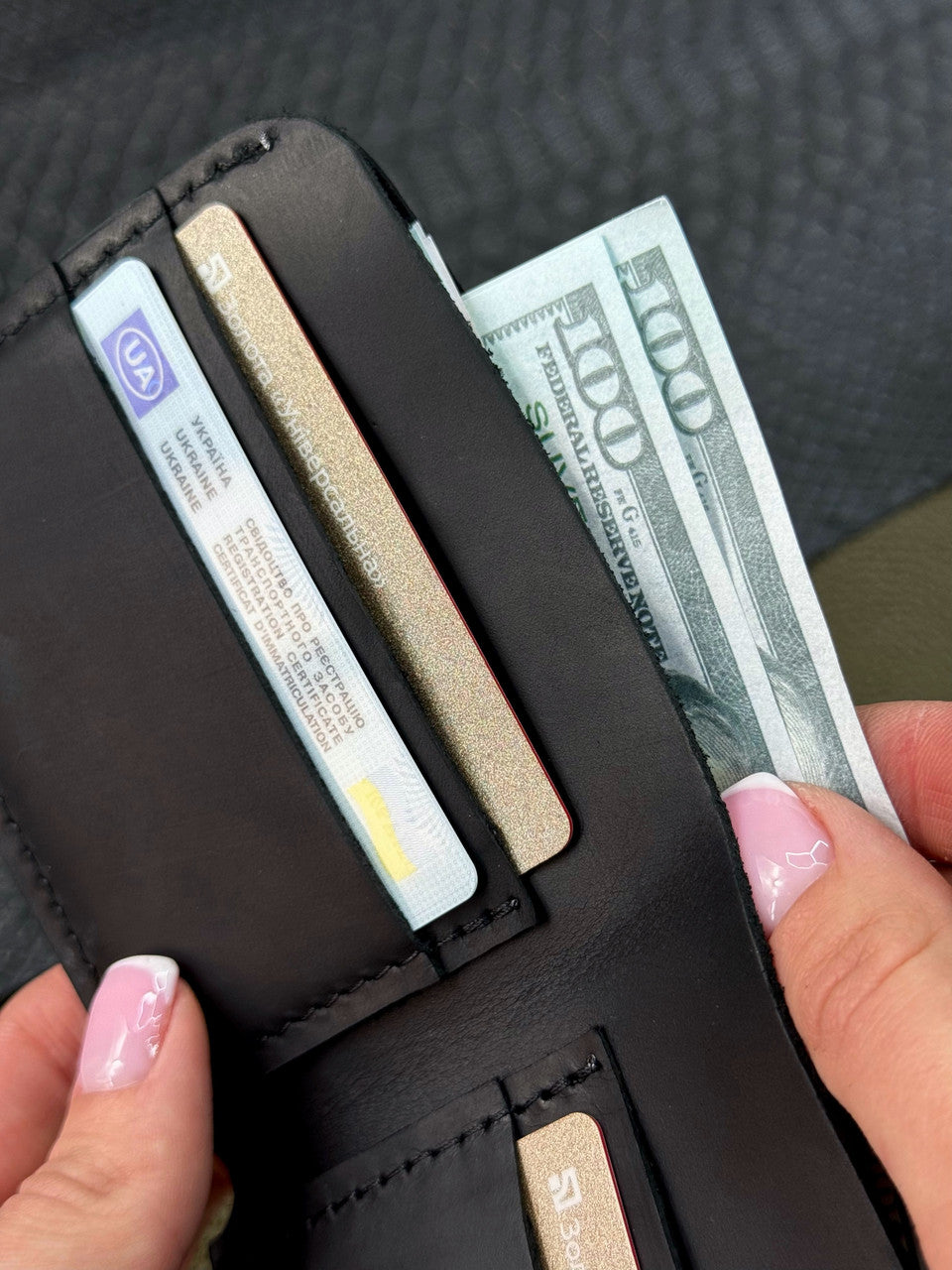 Handmade Genuine Crazy Horse Leather Mens Bifold Wallet Black 4 Card Slots Gift for Him