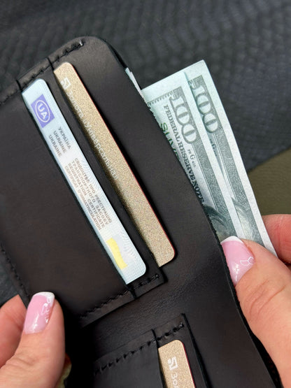 Handmade Genuine Crazy Horse Leather Mens Bifold Wallet Black 4 Card Slots Gift for Him