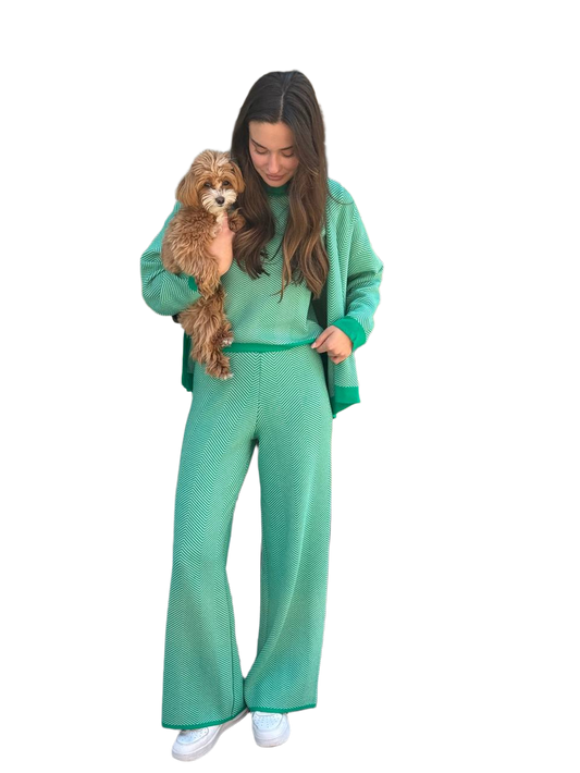 Stylish Women's Three-Piece Set Cardigan Top and Pants in Green Chevron Pattern