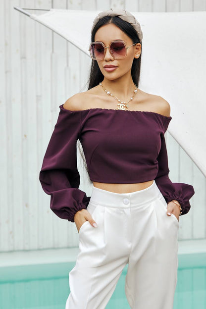 Womens Off Shoulder Cropped Top with Puff Sleeves