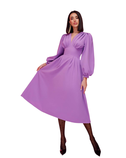 Elegant Purple Midi Dress with Pleated Bodice and Balloon Sleeves