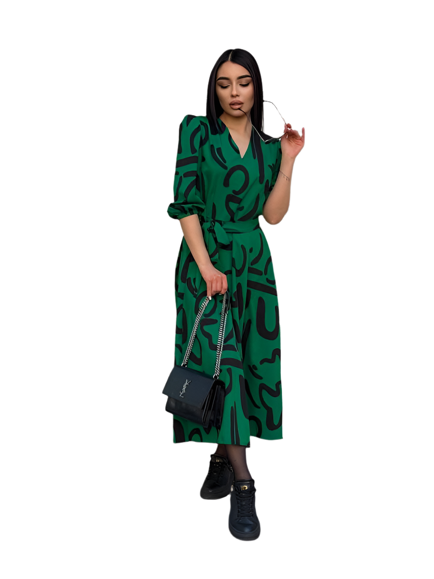 Lightweight Green Summer Dress with Black Abstract Print