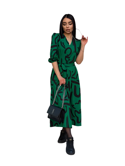 Lightweight Green Summer Dress with Black Abstract Print