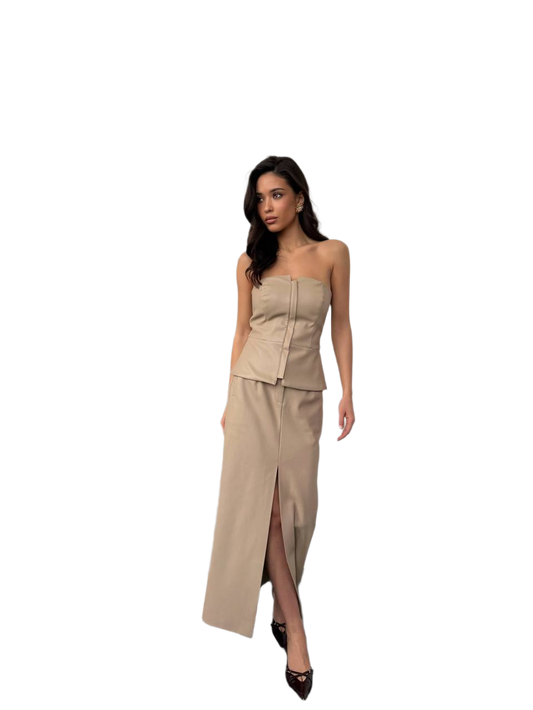 Midi Eco Leather Skirt with Slit for Women