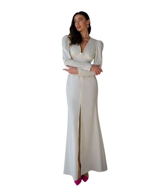 Elegant White Maxi Dress with Deep V Neck and Front Slit