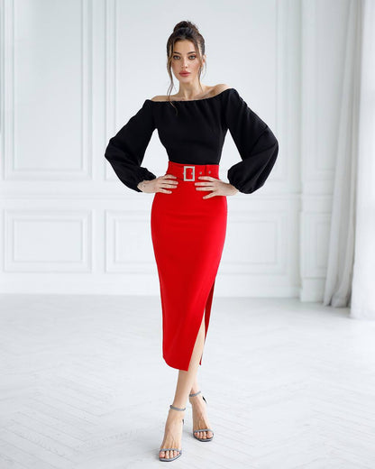 Premium Diagonal Suiting Crepe Red Midi Skirt with Belt