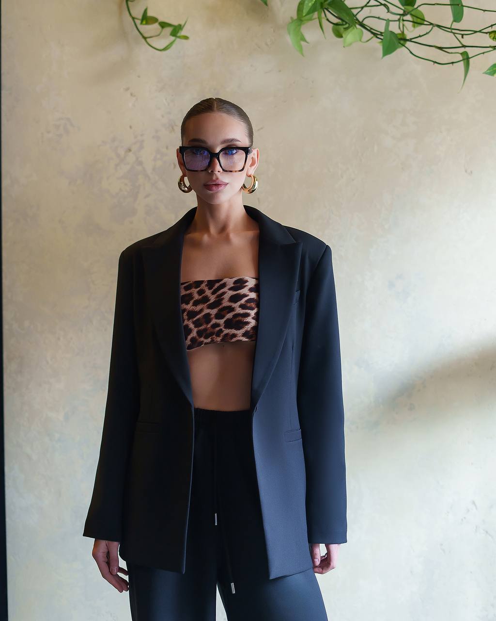 Black Womens Wide Leg Trouser Suit with Blazer Premium Viscose Blend