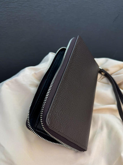 Handmade Mens Brown Grain Leather Clutch Wallet Gift For Him Zip Around Wristlet