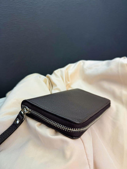 Handmade Mens Brown Grain Leather Clutch Wallet Gift For Him Zip Around Wristlet