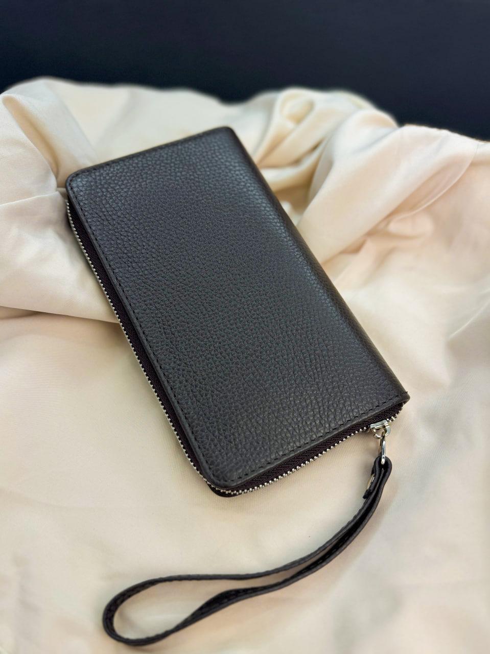 Handmade Black Grain Leather Mens Clutch Wallet Wristlet Gift for Him