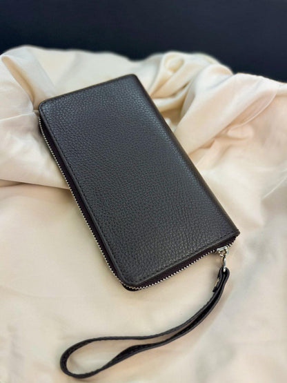Handmade Black Grain Leather Mens Clutch Wallet Wristlet Gift for Him