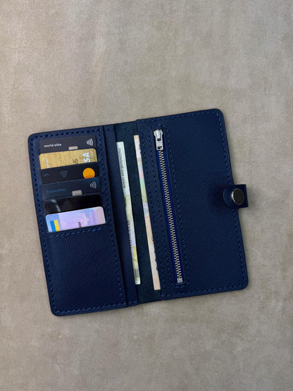 Handmade Mens Leather Wallet Saffiano Blue Long Wallet with Coin Pocket Gift for Him