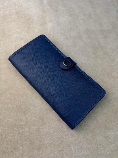 Handmade Mens Leather Wallet Saffiano Blue Long Wallet with Coin Pocket