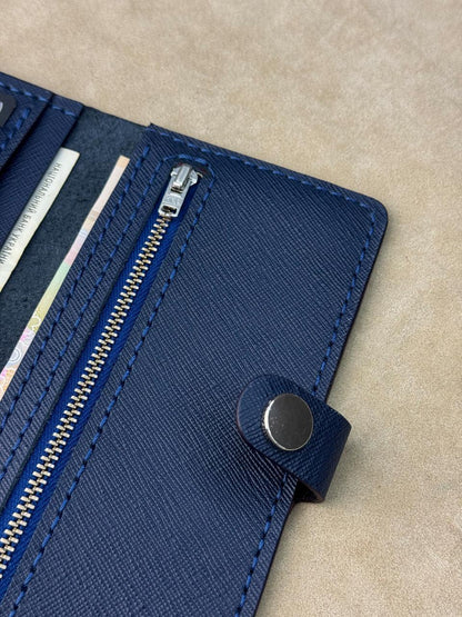 Handmade Mens Leather Wallet Saffiano Blue Long Wallet with Coin Pocket Gift for Him