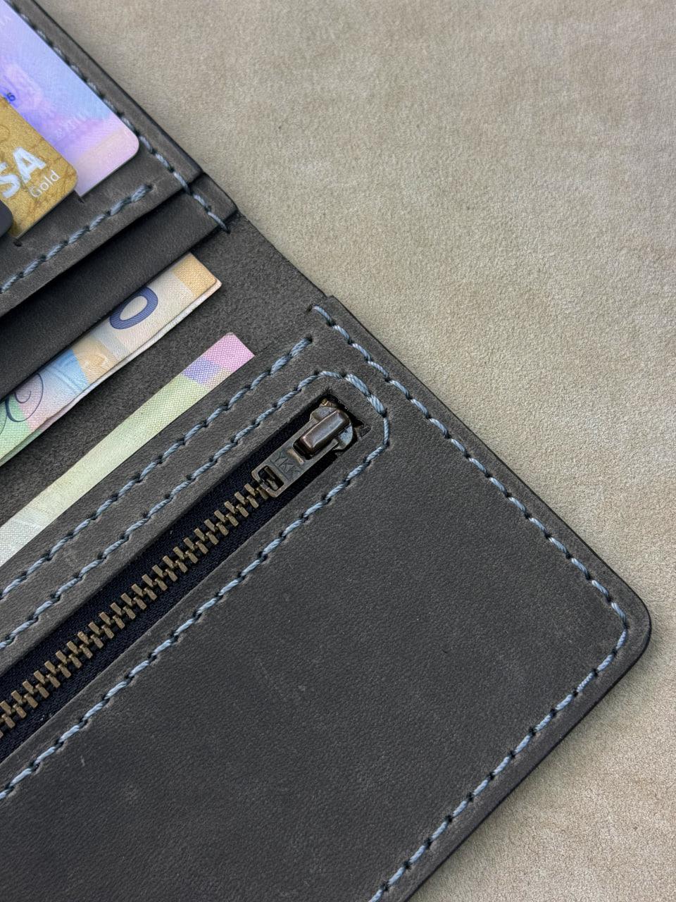 Close-up of a dark gray leather wallet showing card slots with credit cards and a zippered compartment, set against a textured gray background.