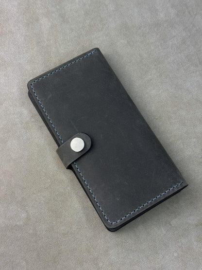 Handmade Mens Wallet Crazy Horse Leather Gray Long Wallet With Zipper Coin Pocket