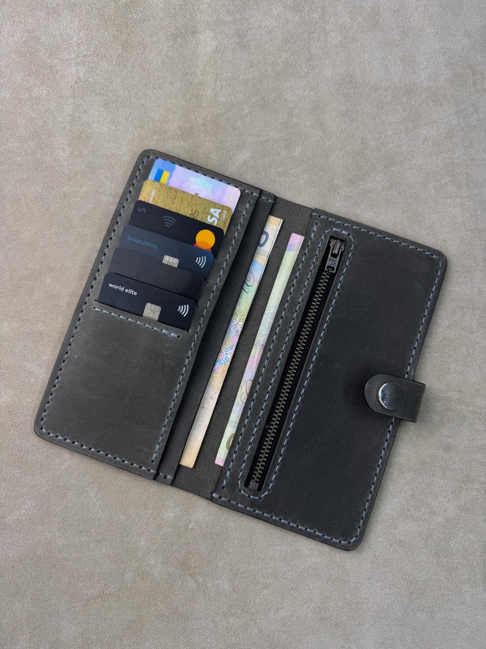 A dark gray leather wallet shown open, displaying its interior features including card slots with credit cards, a zippered compartment, and a pen slot, set against a neutral gray textured background.