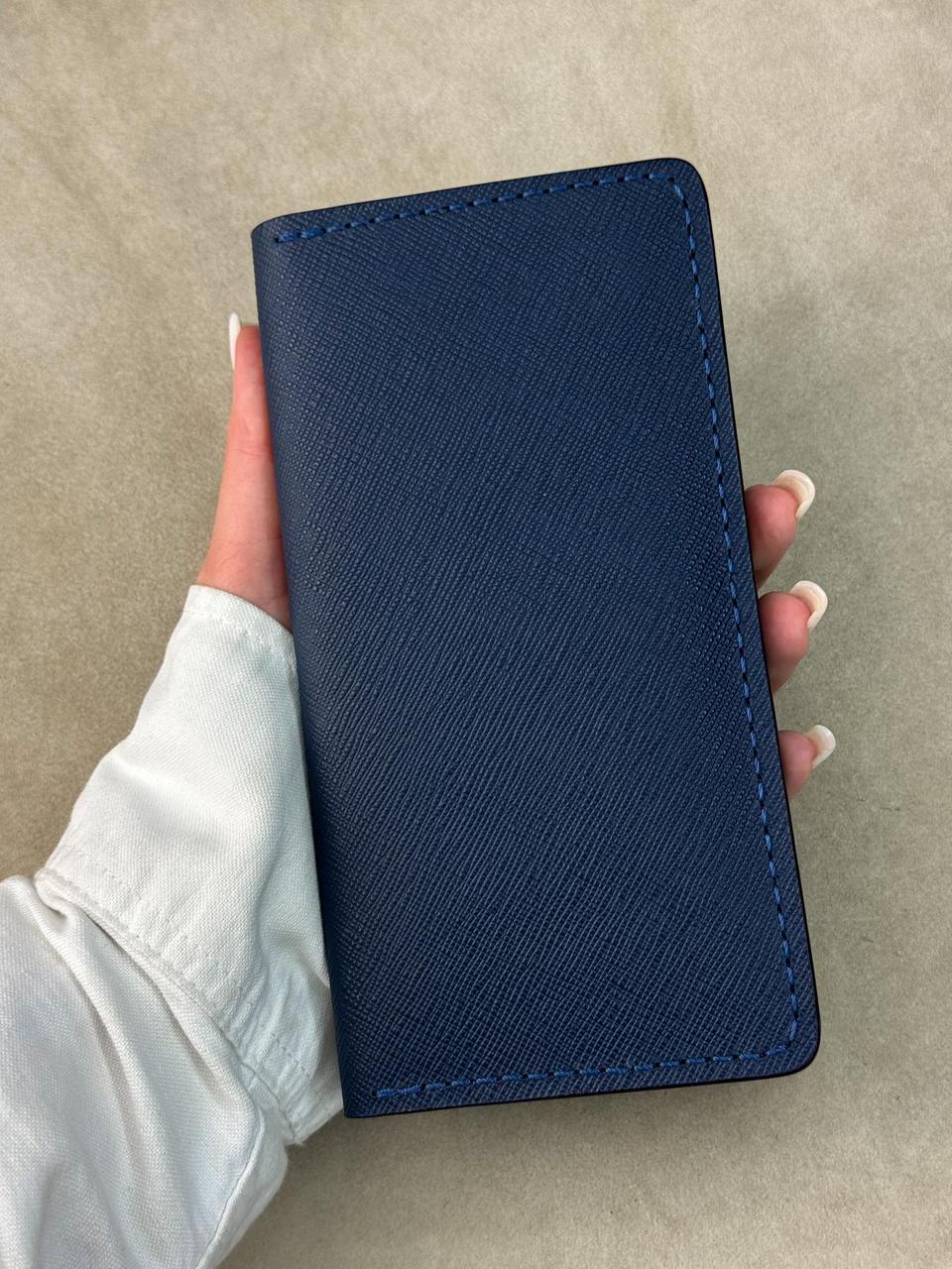 Handmade Mens Saffiano Leather Long Wallet Blue