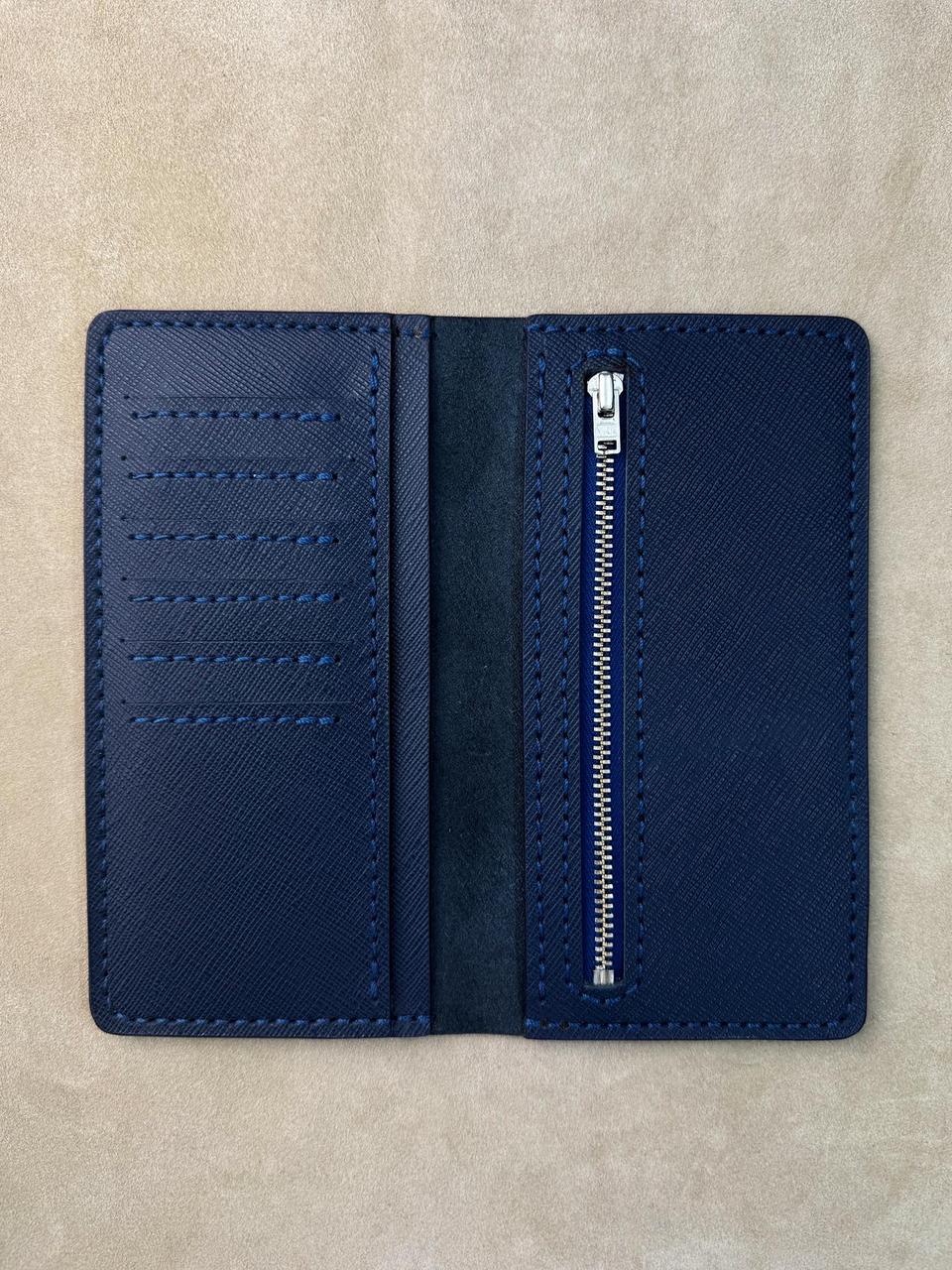 Handmade Mens Saffiano Leather Long Wallet Blue Gift for Him
