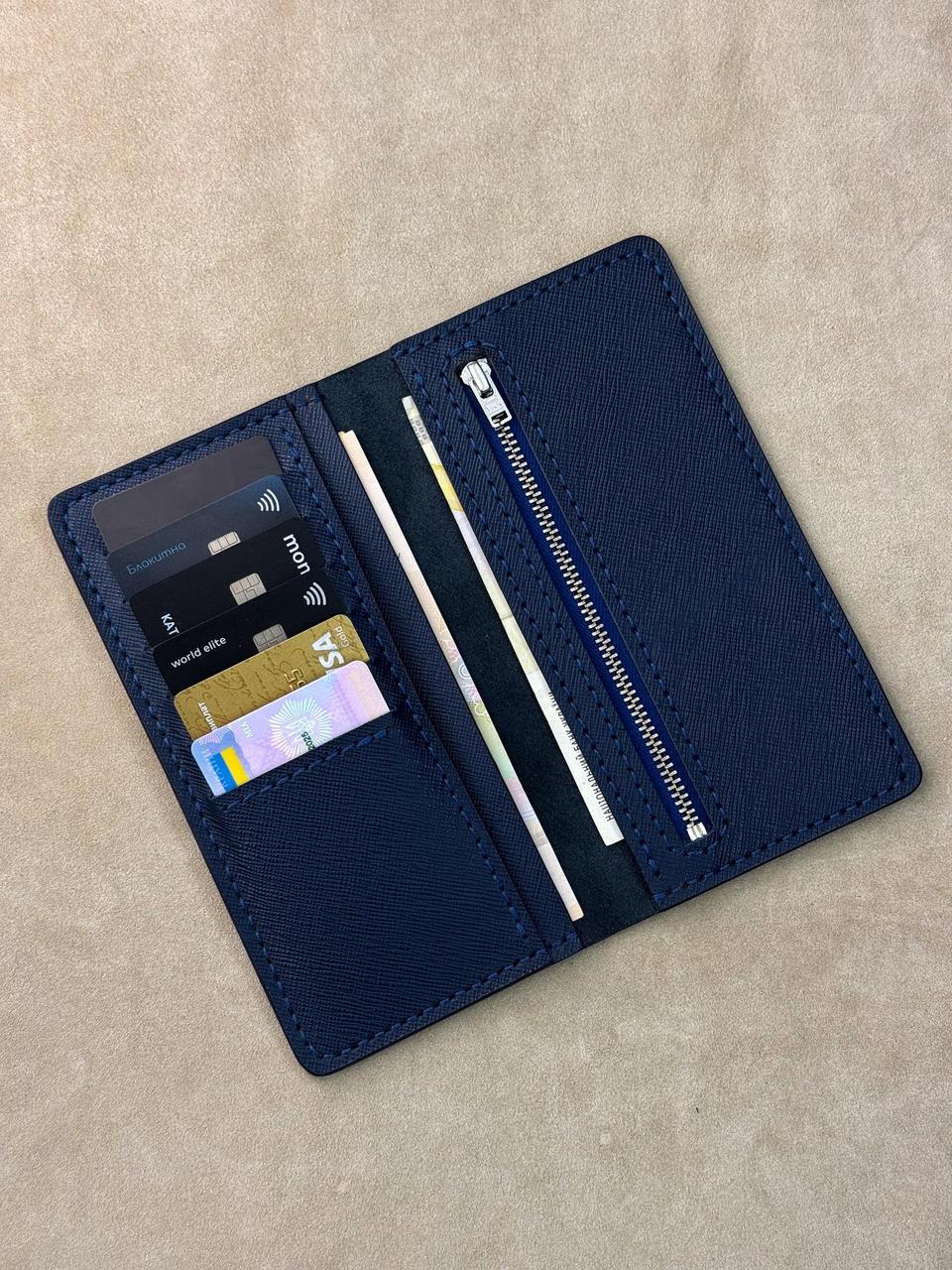 Handmade Mens Saffiano Leather Long Wallet Blue Gift for Him