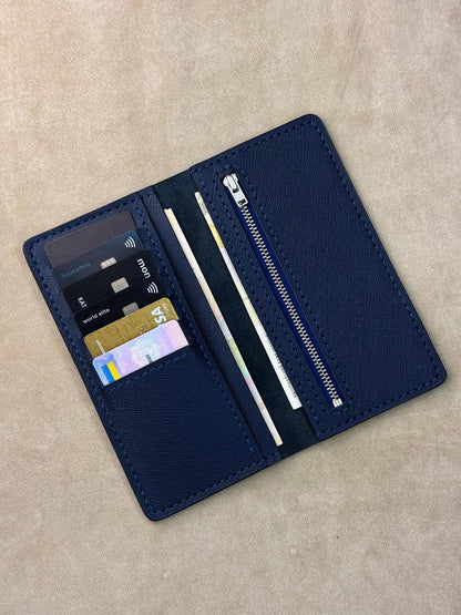Handmade Mens Saffiano Leather Long Wallet Blue Gift for Him