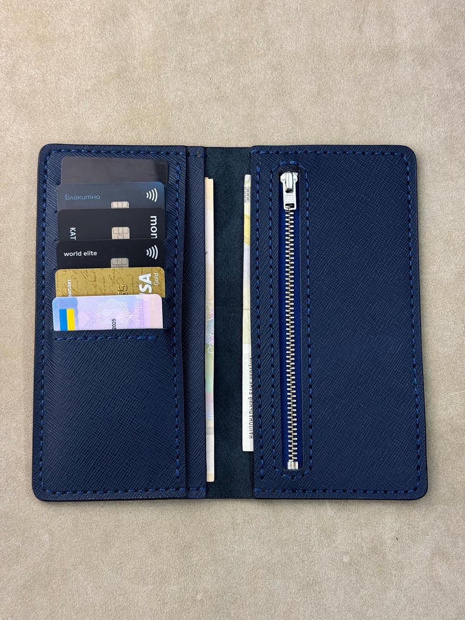 Handmade Mens Saffiano Leather Long Wallet Blue Gift for Him