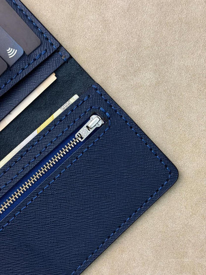 Handmade Mens Saffiano Leather Long Wallet Blue Gift for Him