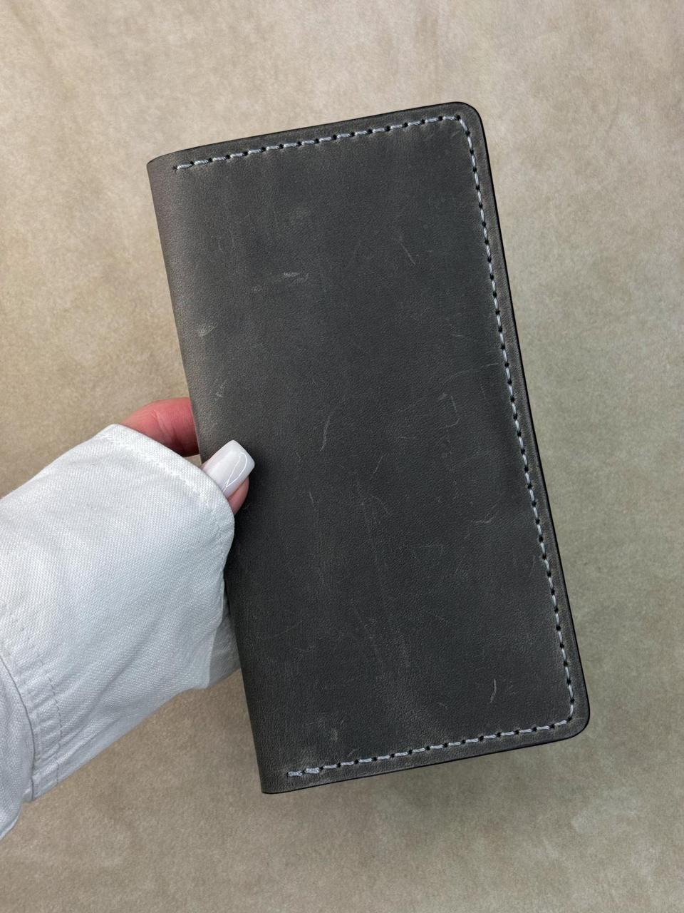 Handmade Mens Wallet Crazy Horse Leather Gray Long Vintage Wallet